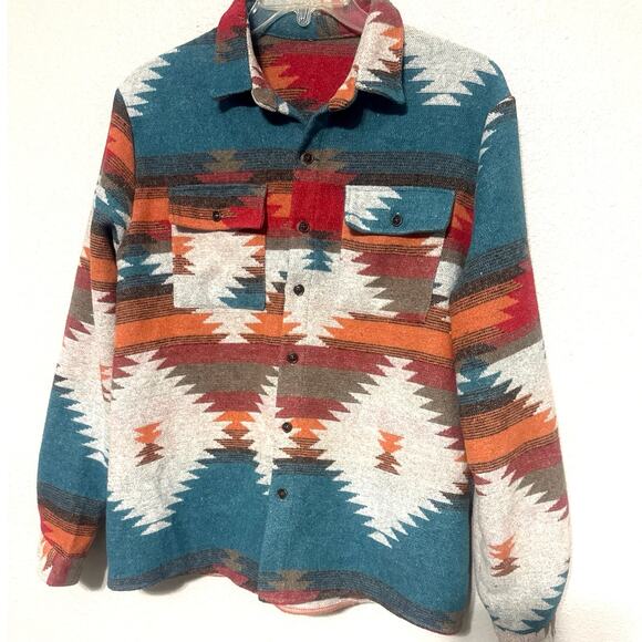 Southwest Aztec Barn Chore Blanket Jacket Women Sz L Western Red Teal Fall Boho - Picture 2 of 9